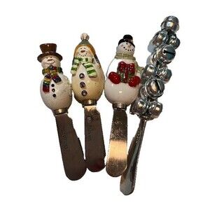 Christmas Spreaders Set – 3 Snowmen + 1 Mud Pie Jingle Bell Cheese Knife Holiday